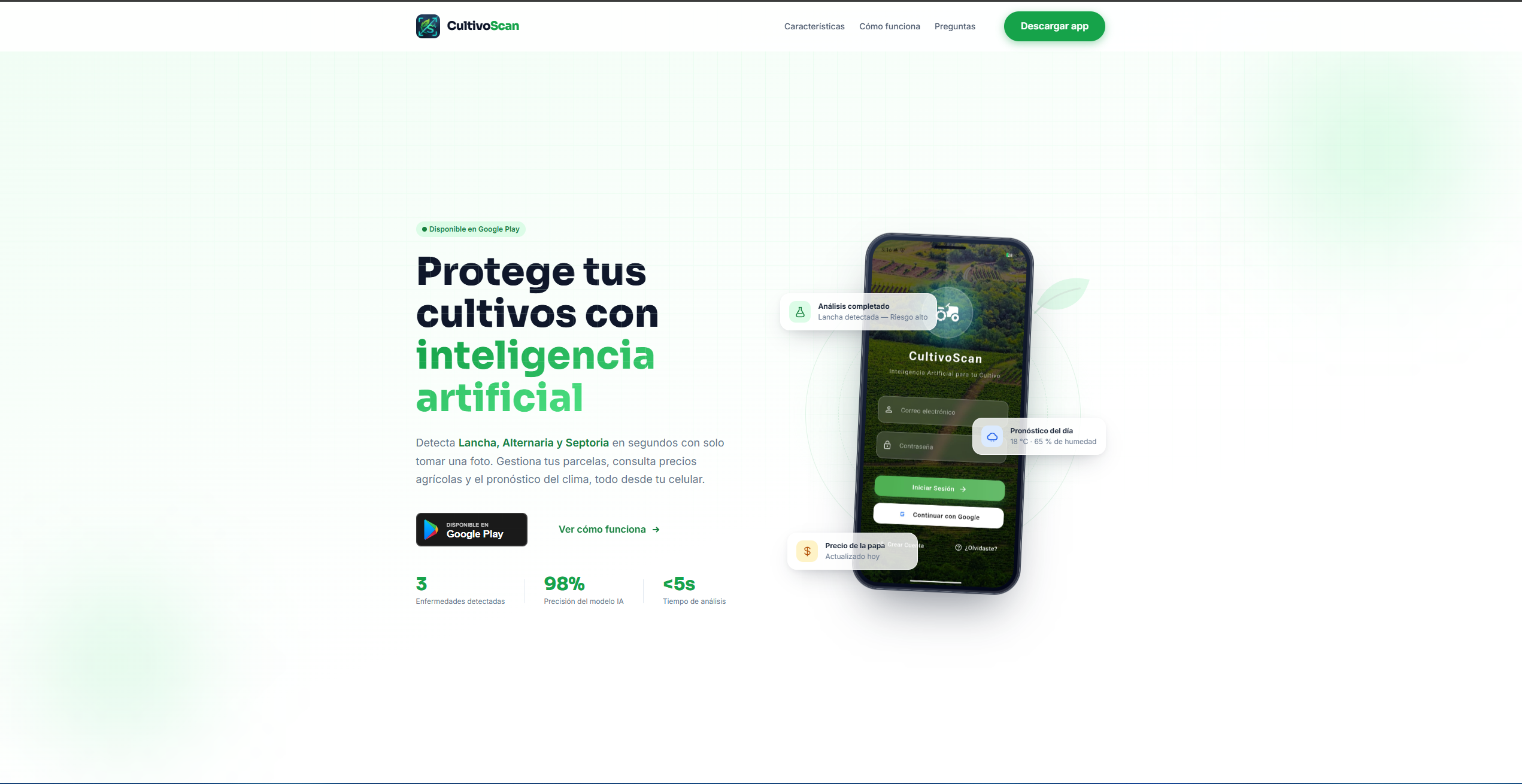 Interfaz de CultivoScan detectando patologías foliares en cultivos de papa